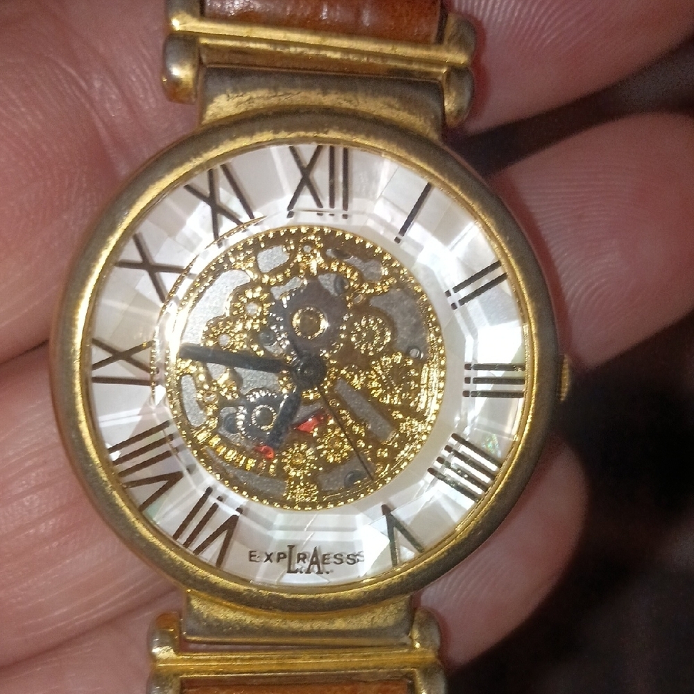 Express Gold and Brown Skeleton Watch with Roman Numerals